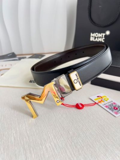 1:1  Montblanc Black Leather Belt with Gold Logo Buckle Hanging Buckle  3.5cm